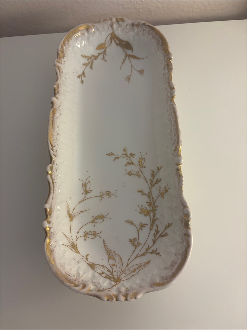 Limoges Vintage White Porcelain Tray with Gold Floral Motif